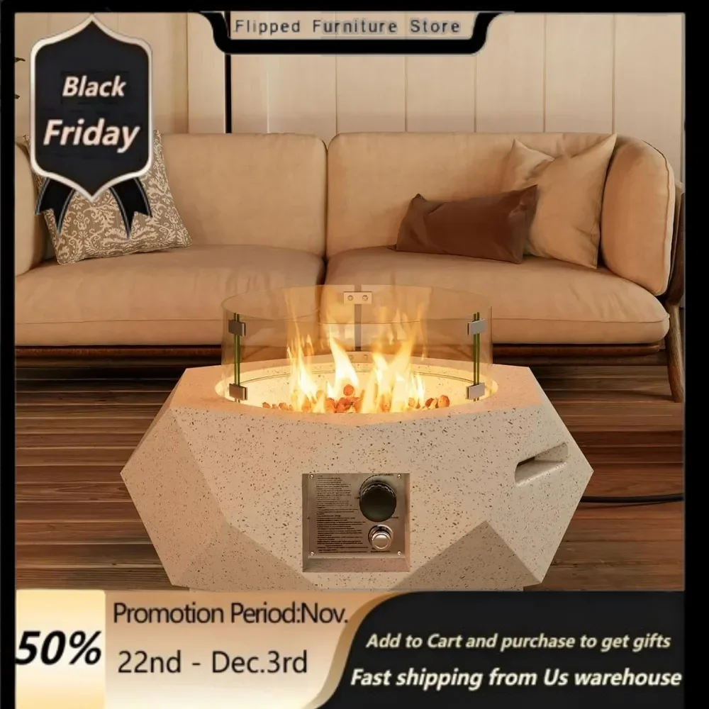 

Outdoor Propane Fire Pit Table W White Faux Stone 24-inch Hexagon Base, Wind Guard, Free Lava Rocks and Rain Cover