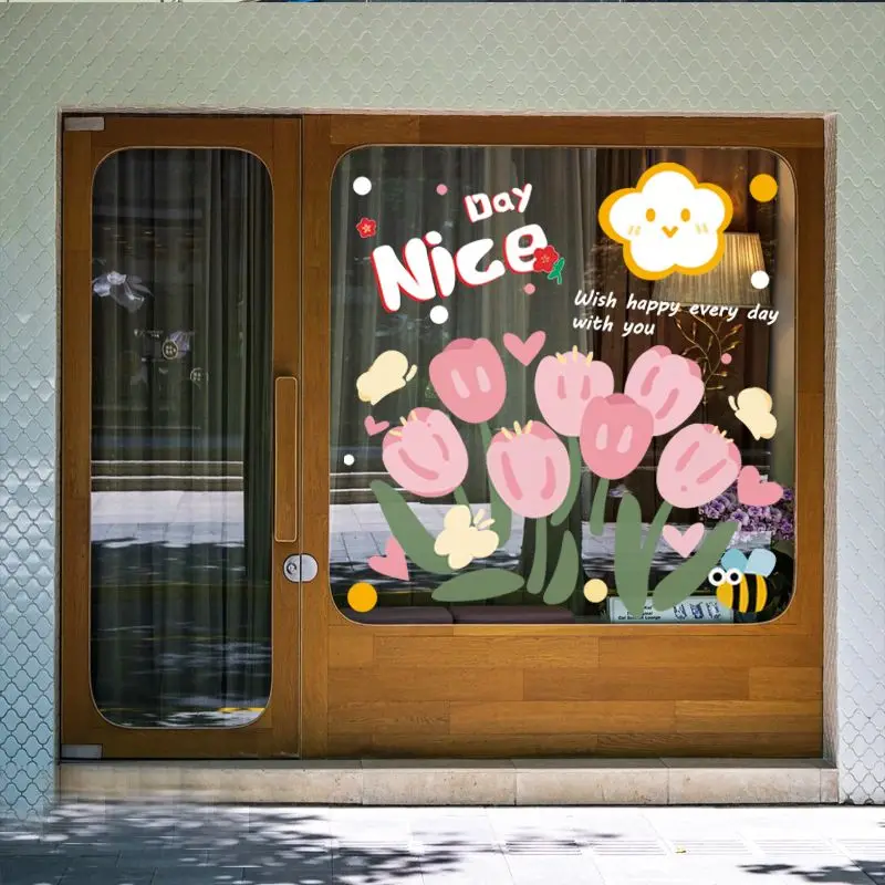 Japanese Style Shop Glass Stickers Flower Display Windows Door Electrostatic Adsorption Film Cartoon Decorations Bathroom Door