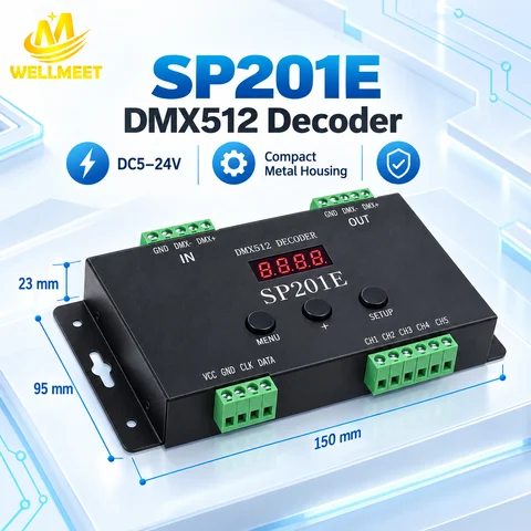 SP201E DMX512 Decoder DC5-24V DMX SPI Converter Controller 1024 Pixels 5CH PWM Dimming Signal For Addressable LED Strip DMX512