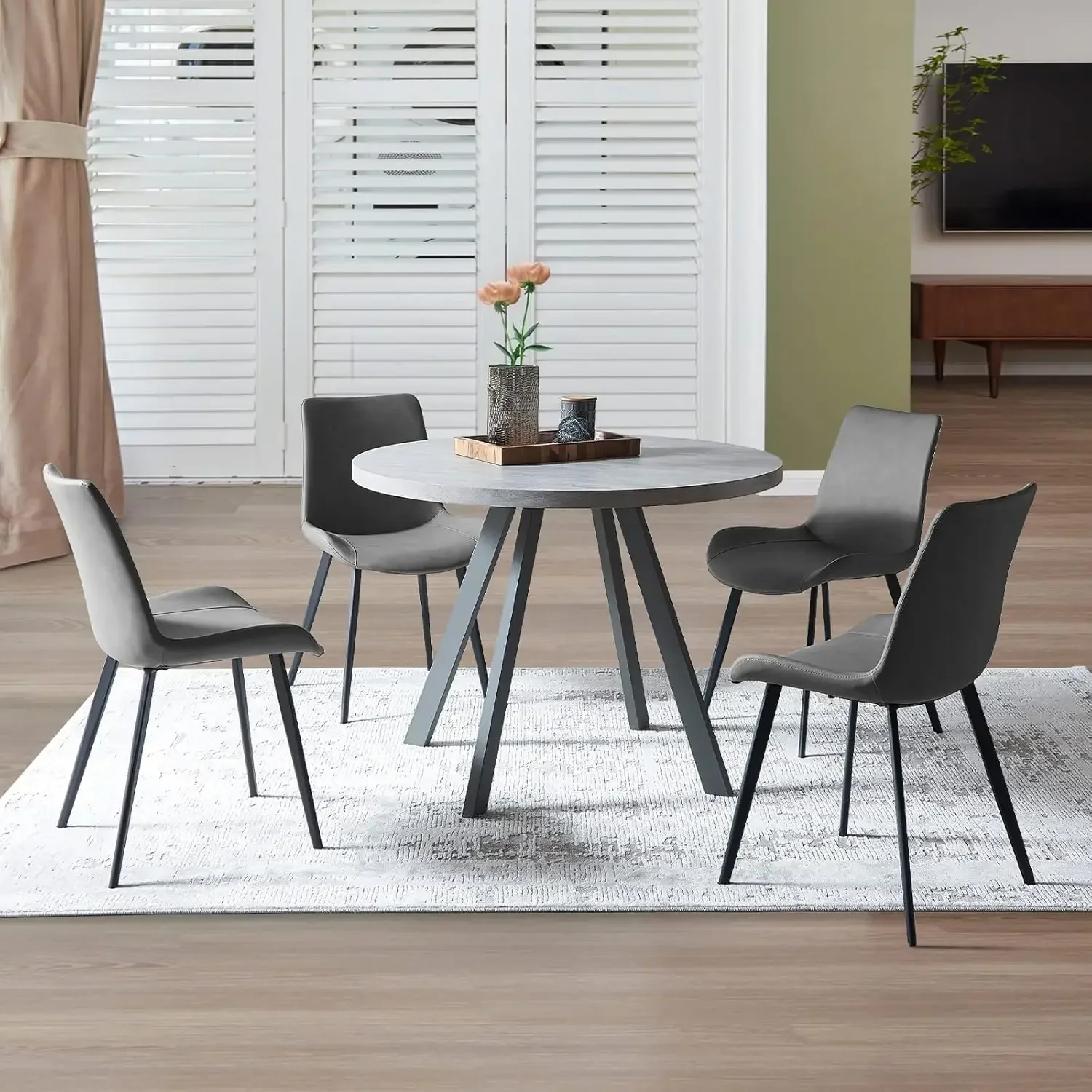 Round Dining Table Set, Mid Century Modern Small Round Dining Table Set, Saving Space (Table + 4 Grey Chairs)