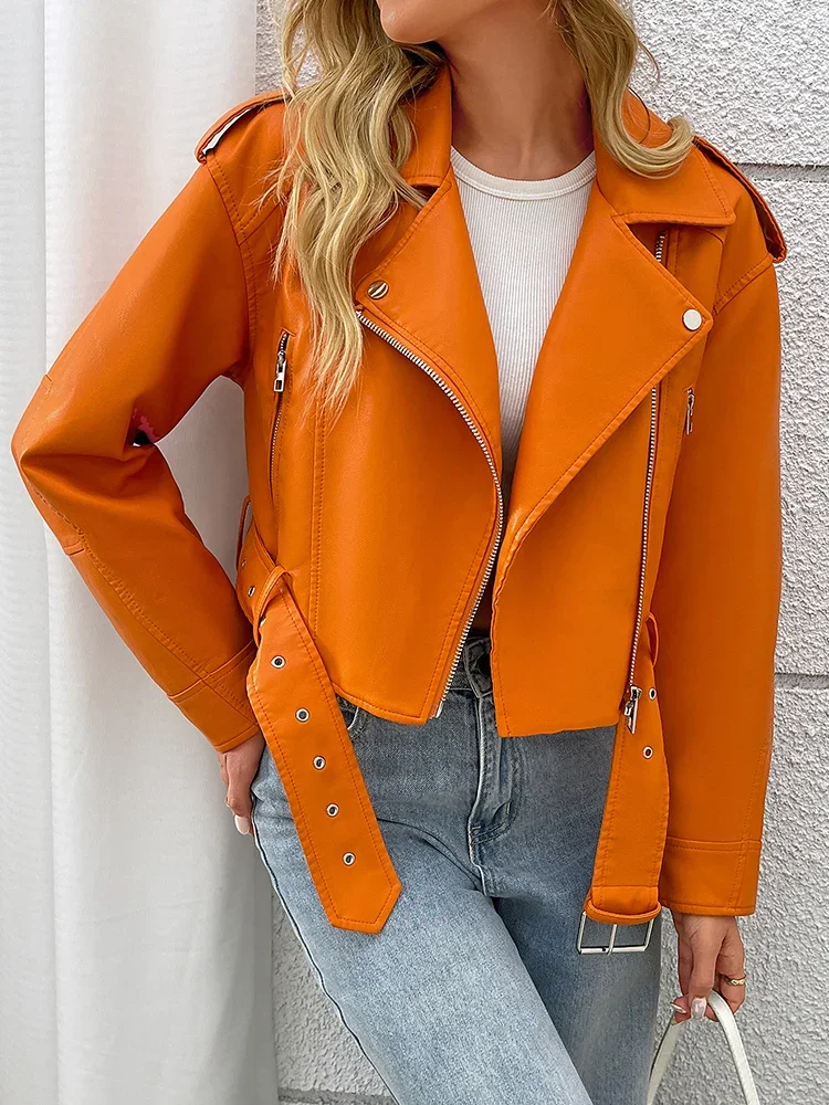 New Spring Autumn Women Moto Biker Faux Leather Jacket Streetwear Female Loose Zipper Belt Coat Outwear 2025