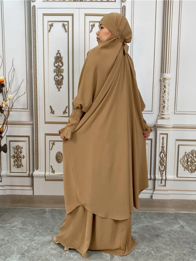 Eid Hooded Muslim Women Dress Nida Prayer Garment 2 Piece Jilbab Skirt Set Abaya Long Khimar Ramadan Gown Islamic Clothes Niqab