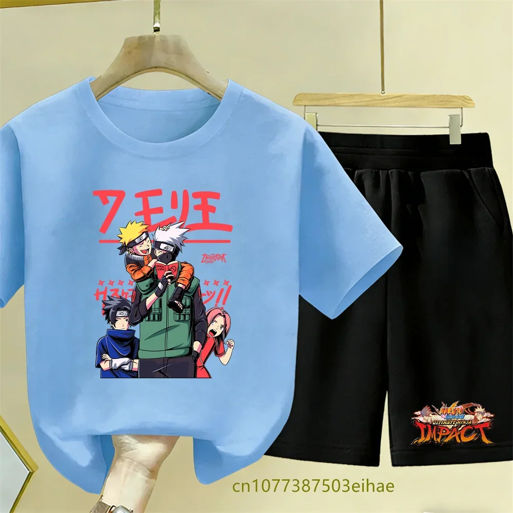 Naruto Anime Style Summer Set Cartoon Print Breathable Short-Sleeved T-Shirt, Casual Multi-Purpose Children's Top and Shorts Set
