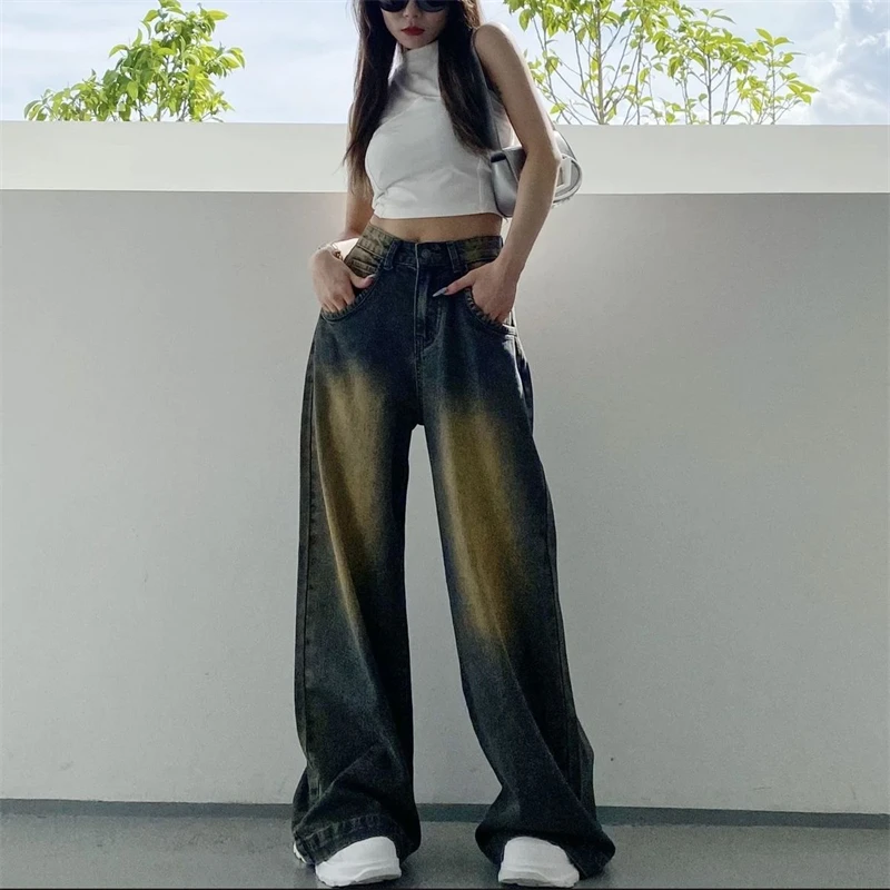

Женские весенне-осенние новые джинсы в стиле ретро с высокой талией, тонкие и свободные широкие брюки, женские джинсы с высокой талией