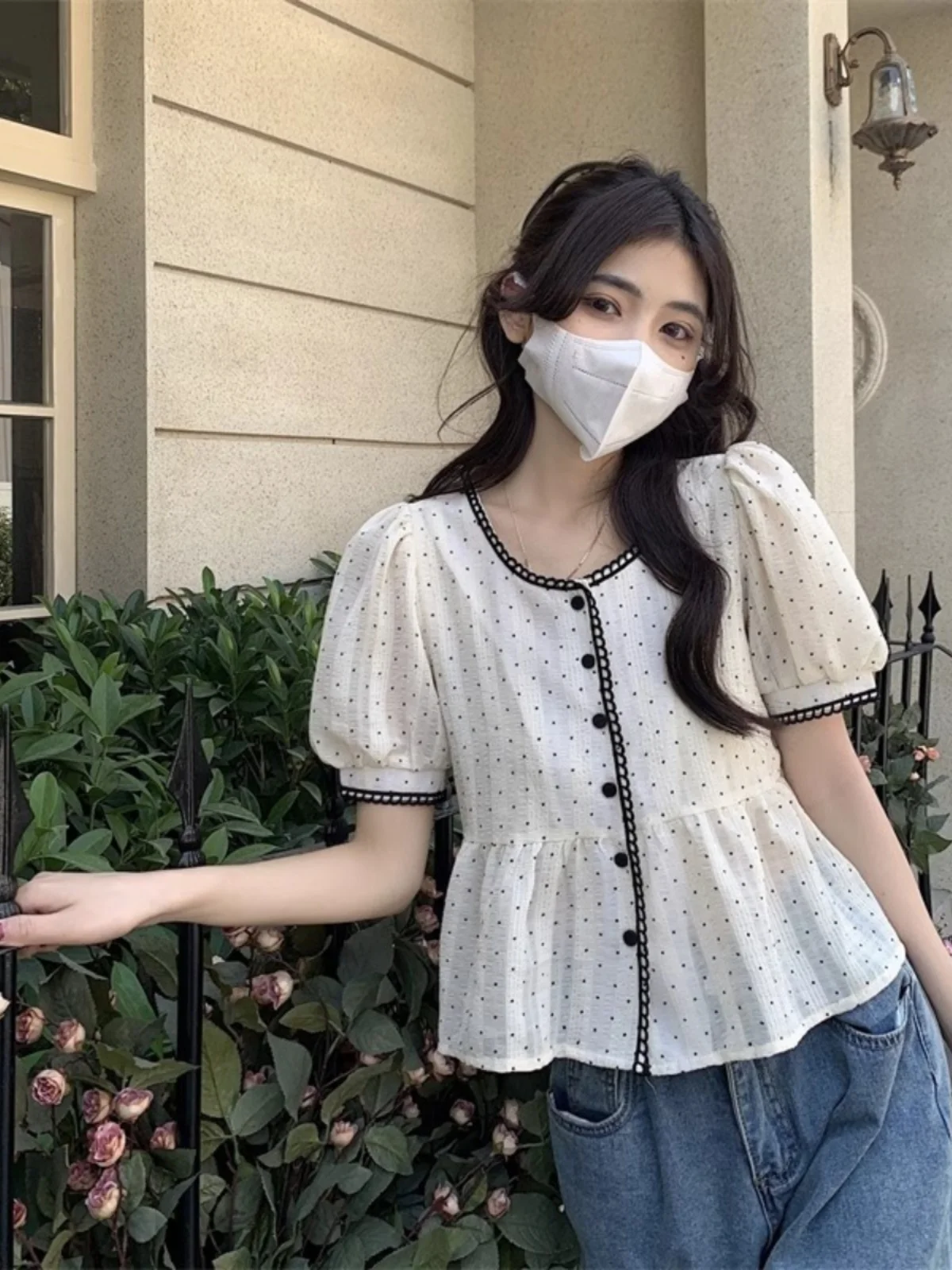 

Корейский Sle Sweet Loose Bubble Sve ort irt круглый женский топ в горошек Faionable Agel Ele Casual Wear