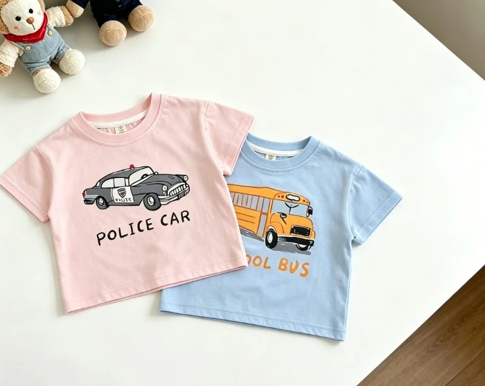 Toddler Car Themed T Shirt Featuring Fire Truck Police Car Prints Lightweight Cotton Casual Tops For 9M-6T Baby Boys Girls Wear