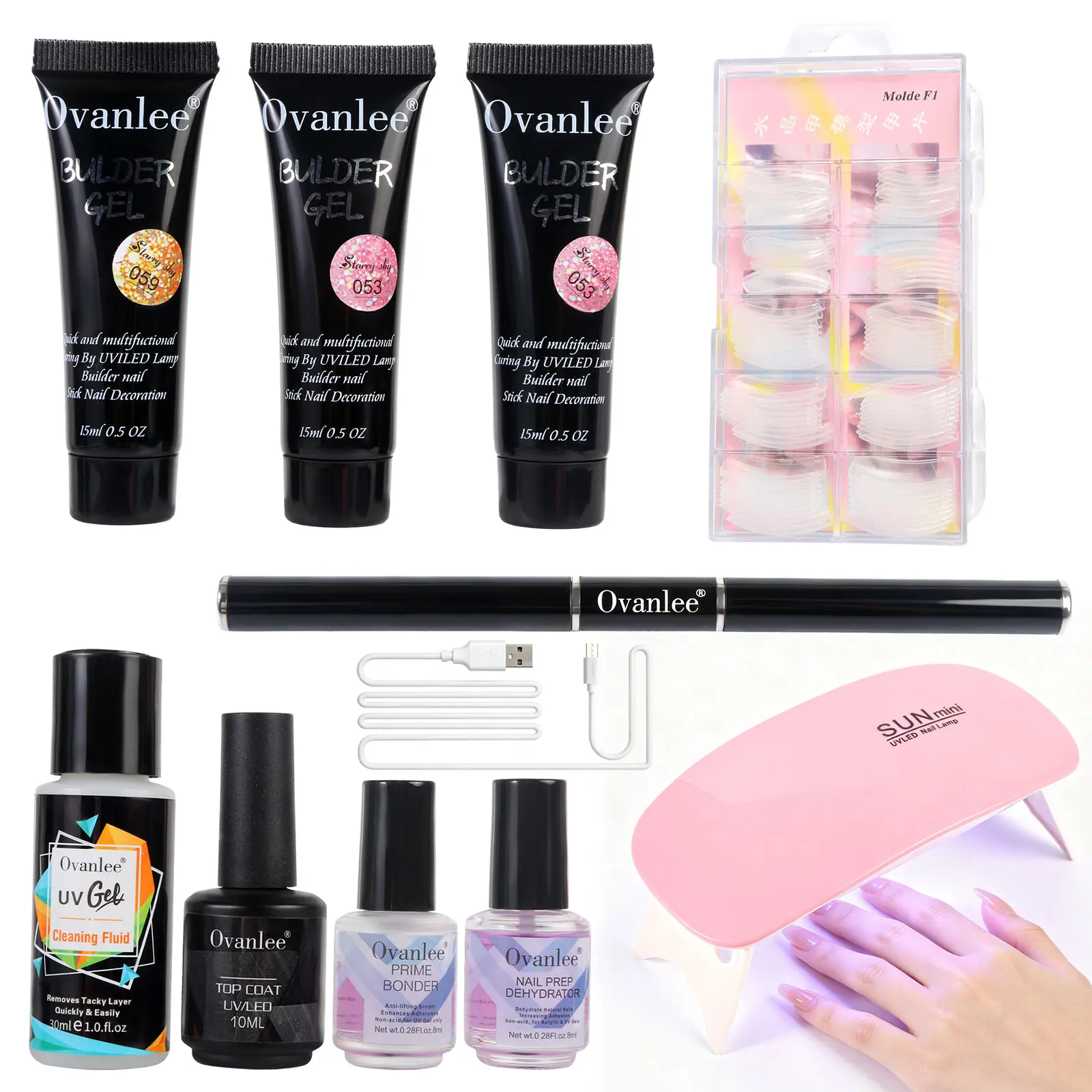 Ovanlee 3-Tube Nail Extension Builder Gel Kit – Complete All-in-One Set with Mini UV/LED Lamp, Nail Prep Dehydrator, Primer Bonder, Top Coat & Cleaning Fluid for DIY Home Manicure (15ml Each)