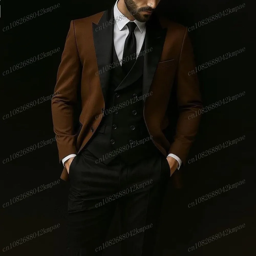 

New Brown And Black Men Suit Formal Occasion Groom Groomsman Wedding Party Prom Male Tuxedos 3 Piece Set Blazer Vest Pants