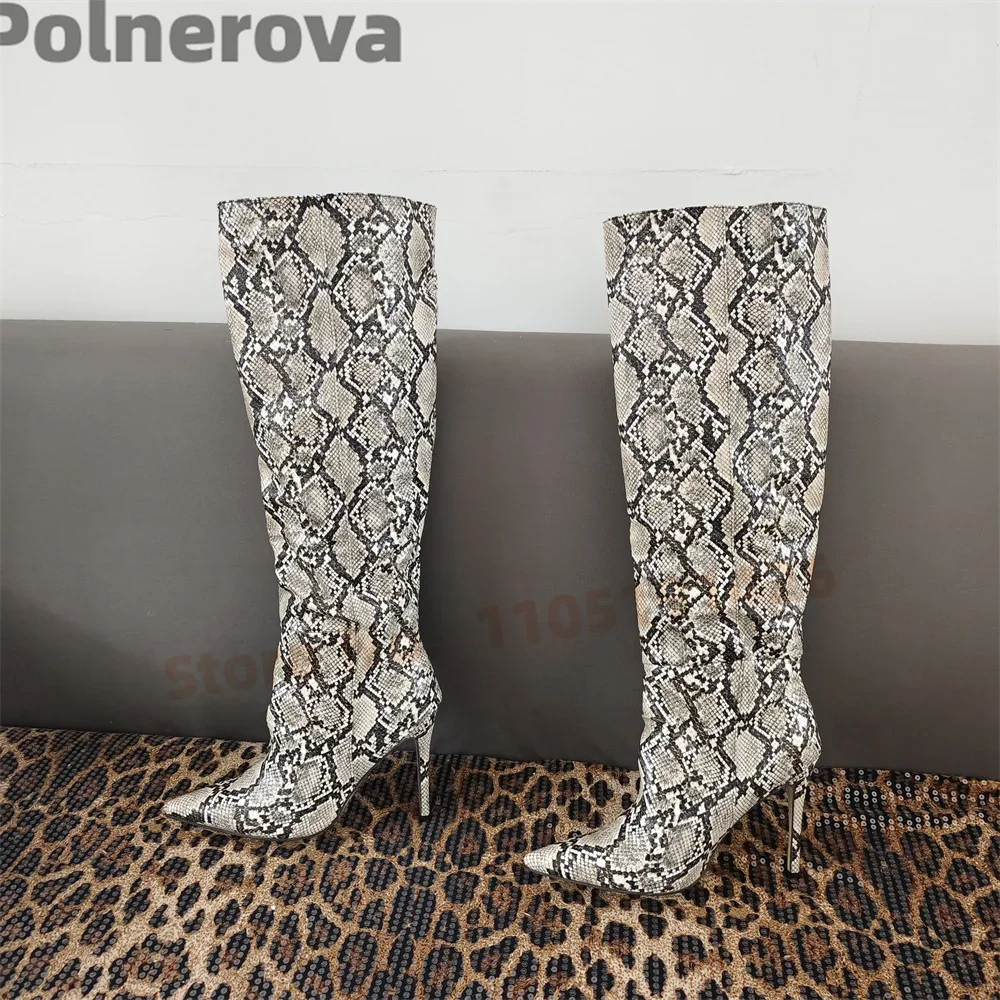 Snake Pattern Pointy Toe Knee High Boots Women Stiletto Heels Long Boots Ladies Sexy Stylish Slip On Party Casual Runway Shoes