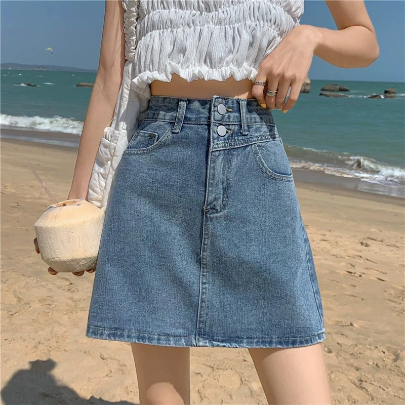 Dżinsowa spódniczka z wysokim stanem damska lato 2025 koreańska wersja designerska linia A wyszczuplająca i podkreślająca biodra krótka spódniczka damska