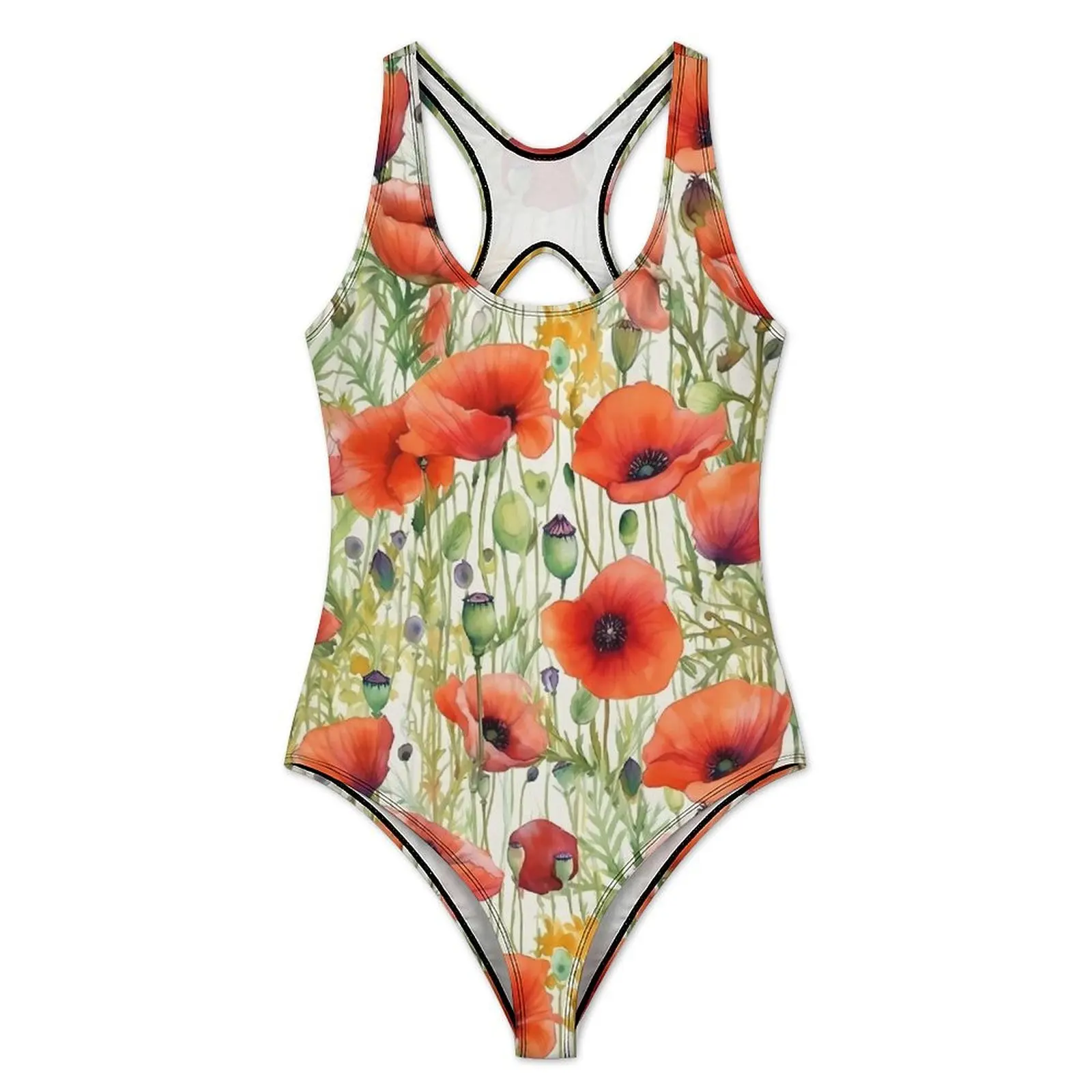 Boho Floral Swimsuit Sexy Watercolor Poppies One-Piece Swimwear Push Up Bodysuit Stylish Holiday Surf Beach Outfits