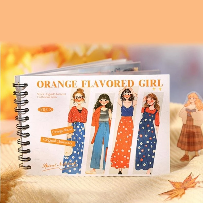 77JC Multifuntional Coil Bounds Sticker Pad with Colorful Oranges Girl Designs Safe Sticker Album PET Texture for Kids and Adult