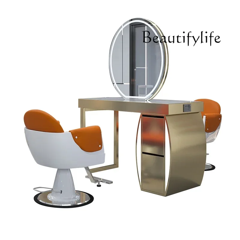

X Simple Hair Salon Dressing Table Stainless Steel Cabinet Integrated Haircut Mirror Hair Salon Marble Table