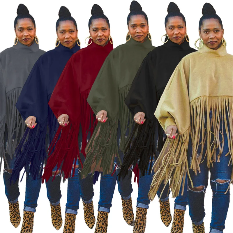 Streetwear Fringe Tassel Tops Women Winter Clothes Turtleneck Pullovers Long Sleeve Harajuku Y2k Loose Casual Sweatshirt