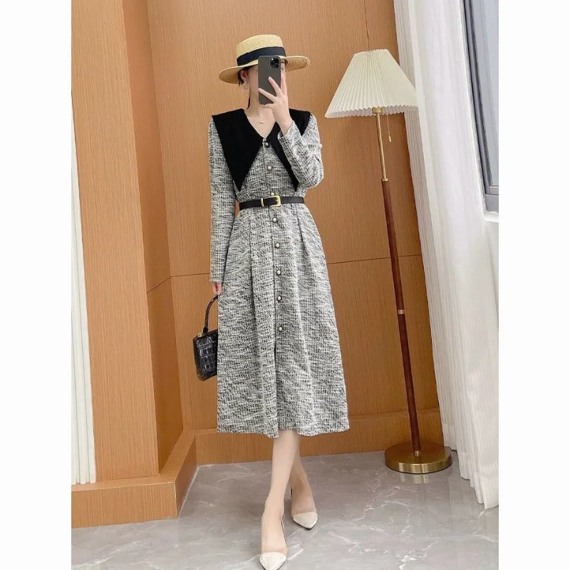 

Xiaoxiangfeng Doll Neck Dress for Women's Autumn Winter New Hepburn Style Style Long Sleeve Waist Wrapped Mid Length Skirt