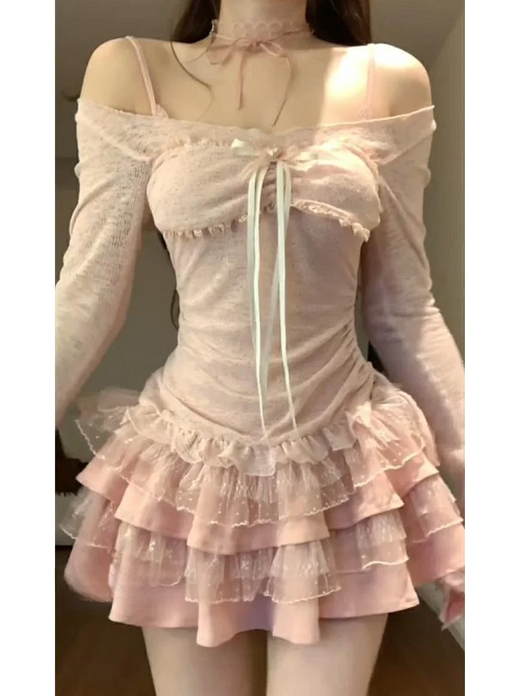 Pure Desire-Conjunto de dos piezas de verano para niña, dulce y picante, ribete de encaje que se pega a la cintura, falda de empalme ter Ne, conjunto para niña