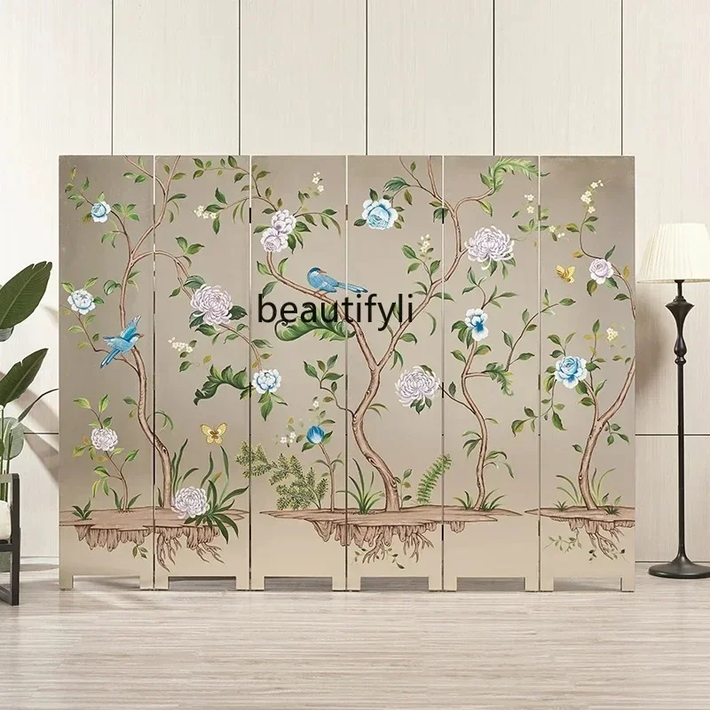 zqqNew Chinese flower and bird screen household background decoration silver foil screen pure hand-painted folding movable