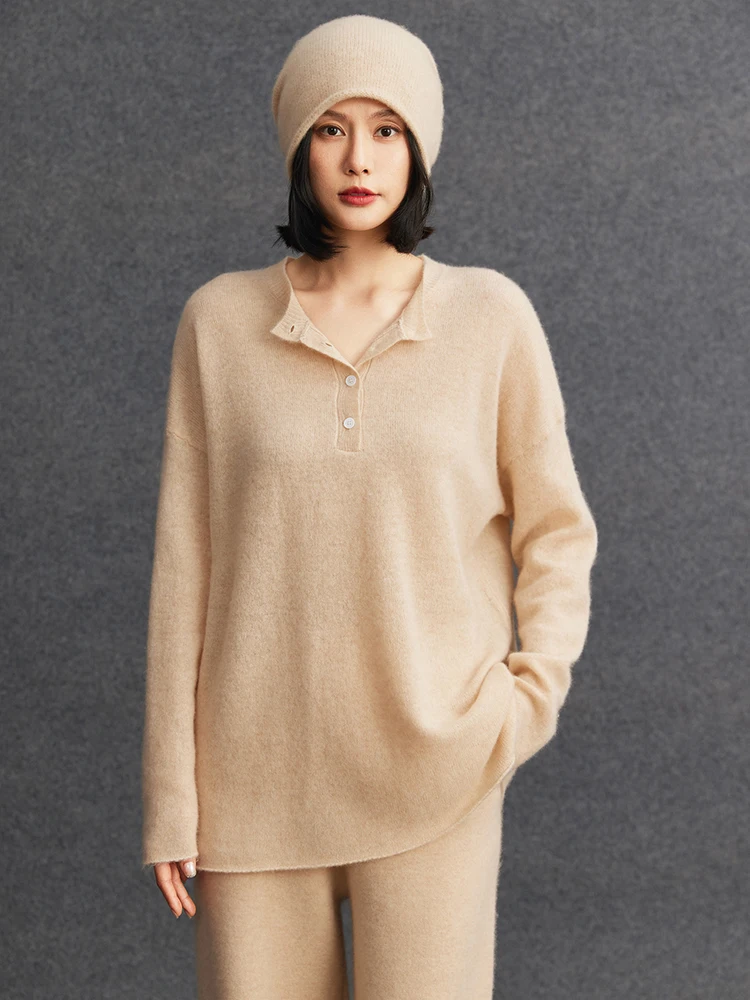 TLOML جديد المرأة 100% سترة الكشمير المعنقة س الرقبة نصف أزرار البلوز الكشمير تريكو ربيع الخريف لينة الدافئة فضفاض بلايز عادية