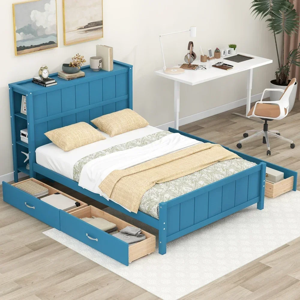 

Full Size Platform Bed with Drawers and Storage Shelves, Blue Bunk Beds Kids Bed for Boys Toddler Bed Children's Beds Furniture