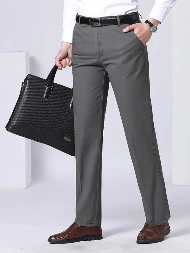Mens 100% Cotton Summer Thin Pants Autumn Suit Pant Slacks High Waist Straight Loose Bland Solid Business Casual Pants Gozbkf view 3