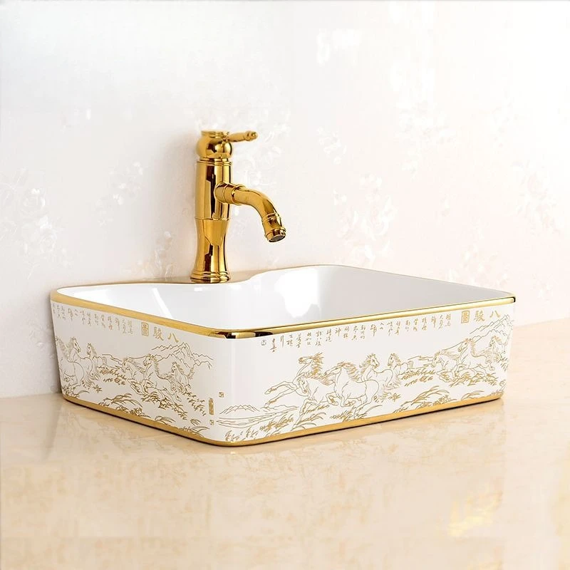Chinese bathroom ware, electroplated color gold stage art basin, rectangular ceramic wash basin