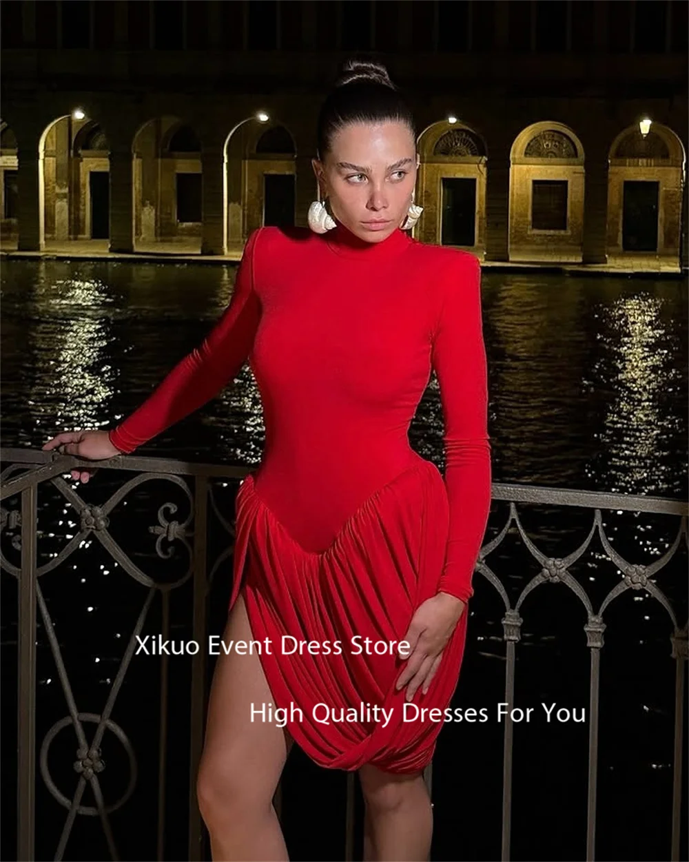 Xikuo 2025 Glamorous High Neck Slit Prom Gowns Long Sleeves Vestidos De Noche Above Knee Ruched Vestidos Para Mujer Customized