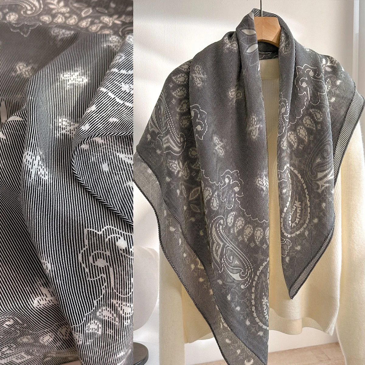 Women Water Soluble Wool Large Square Scarf, Striped Paisley Print Soft Lightweight Warm Shawl, Office Air Conditioner Wrap
