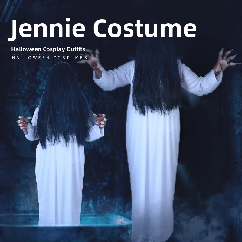 ชุดคอสเพลย์ผู้ใหญ่สำหรับวันฮาโลวีน ชุดสยองขวัญ ชุดประกอบฉากสีขาวสำหรับผู้หญิง ดีไซน์น่ากลัว ชุดการแสดงแบบดั้งเดิมของชาวกันย์