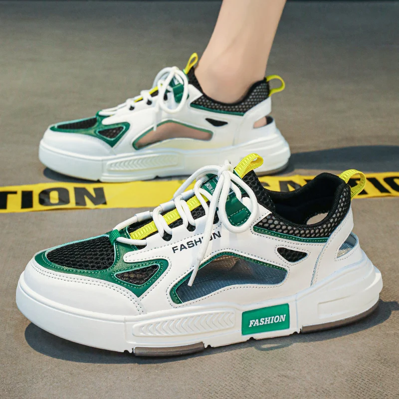 Мужские летние новые сетчатые спортивные сандалии с круглым носком, толстая подошва, нескользящая дышащая повседневная спортивная обувь на шнуровке, пляжная обувь