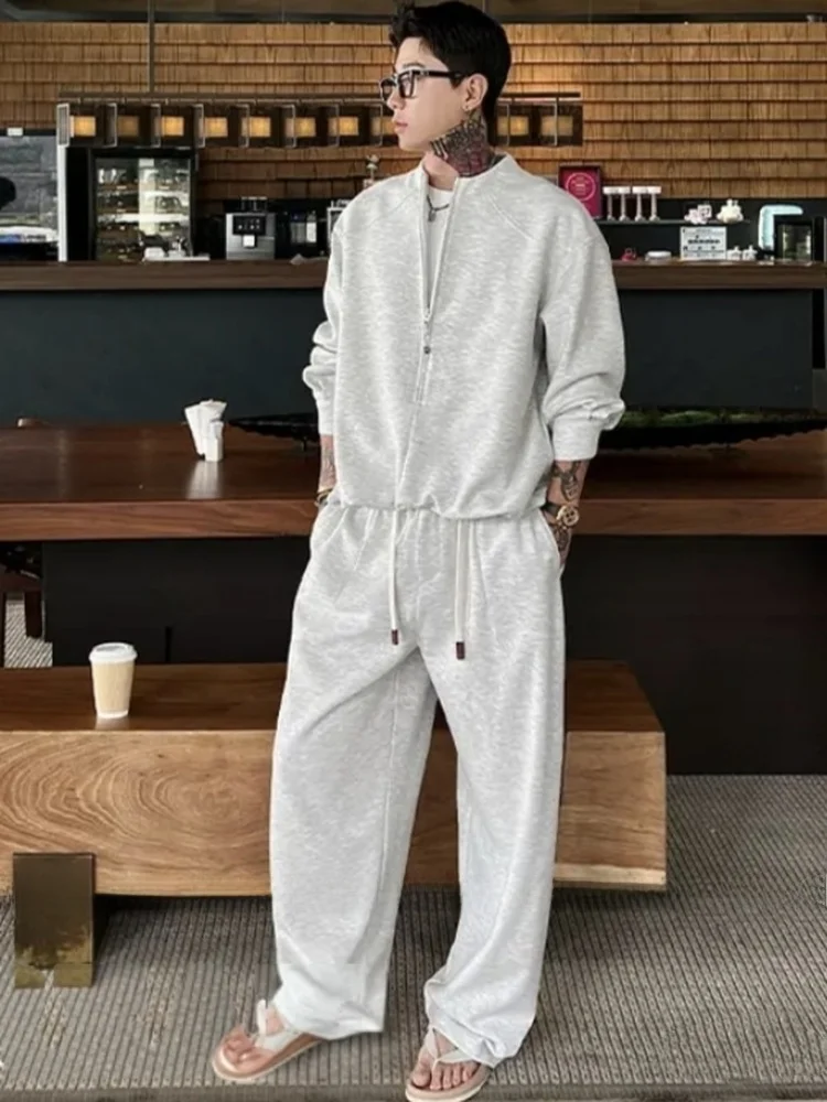 

Spring New Style Men's Casual Sportswear Set Pure Color Collar Long Sleeve Sweatshirt Pants Two-Piece Fashionable Outfit