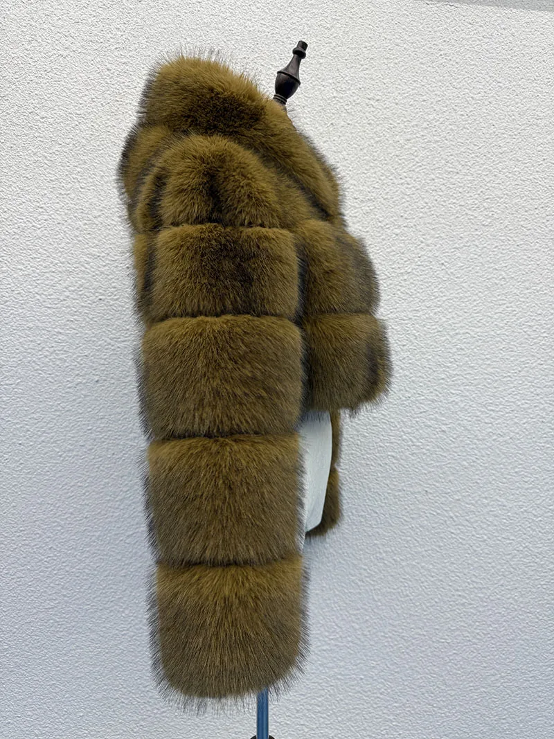 High Quality Furry Cropped Faux Fox Fur Coats and Jackets Women Fluffy Top Coat With Hooded Winter Fur Jacket
