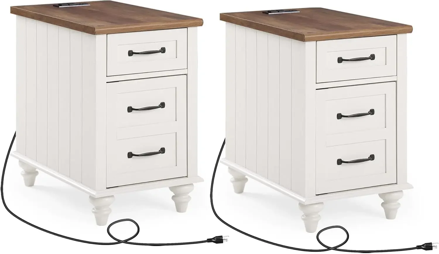 Wampat 2 Pack End Tables With Charging Station, White Wood Sofa Side Table With Drawer & Storage Cabinet, Modern Nightstand