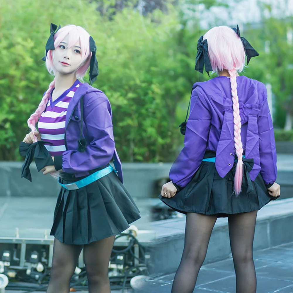 Fate/Apocrypha Astolfo Cosplay Costume Women Men Daily Purple Black Sports Wear Halloween Role Play Lovely Wig Coat Skirt Suit