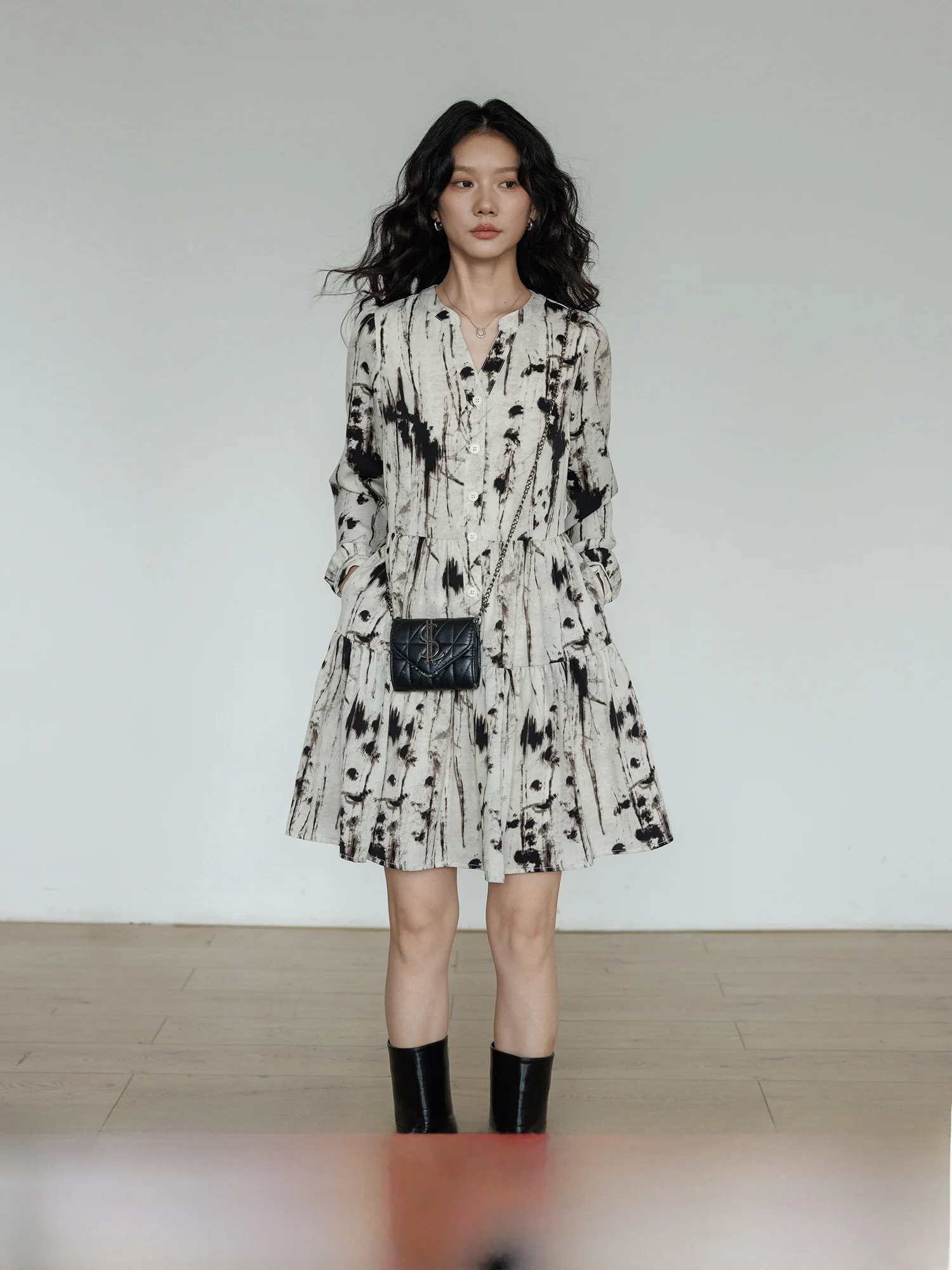 

Spring V-Neck Long Sleeve Print Design Women's Dress A-Line Skirt Casual High Waist Polyester Fabric City Commute