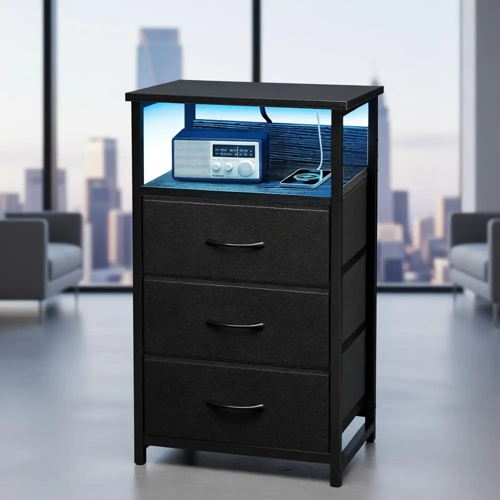 

Night Stand with Charging Station, LED Nightstand with U-S-B Ports and Outlets, 3 Fabric Storage Drawers with PU Finish, Bedside