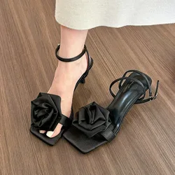 New Elegant Woman Sandals High Heeled Sweet Rose Closed Toe Footwear Summer Slingback Pointed Fashion Dress Ladies Shoes