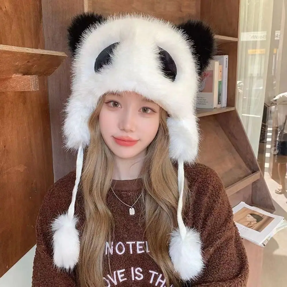 

Cute Panda Women Winter Caps Windproof Plush Fur Kids Ear Protection Cap Soft Neck Protection Plush Pullover Hat Outdoor