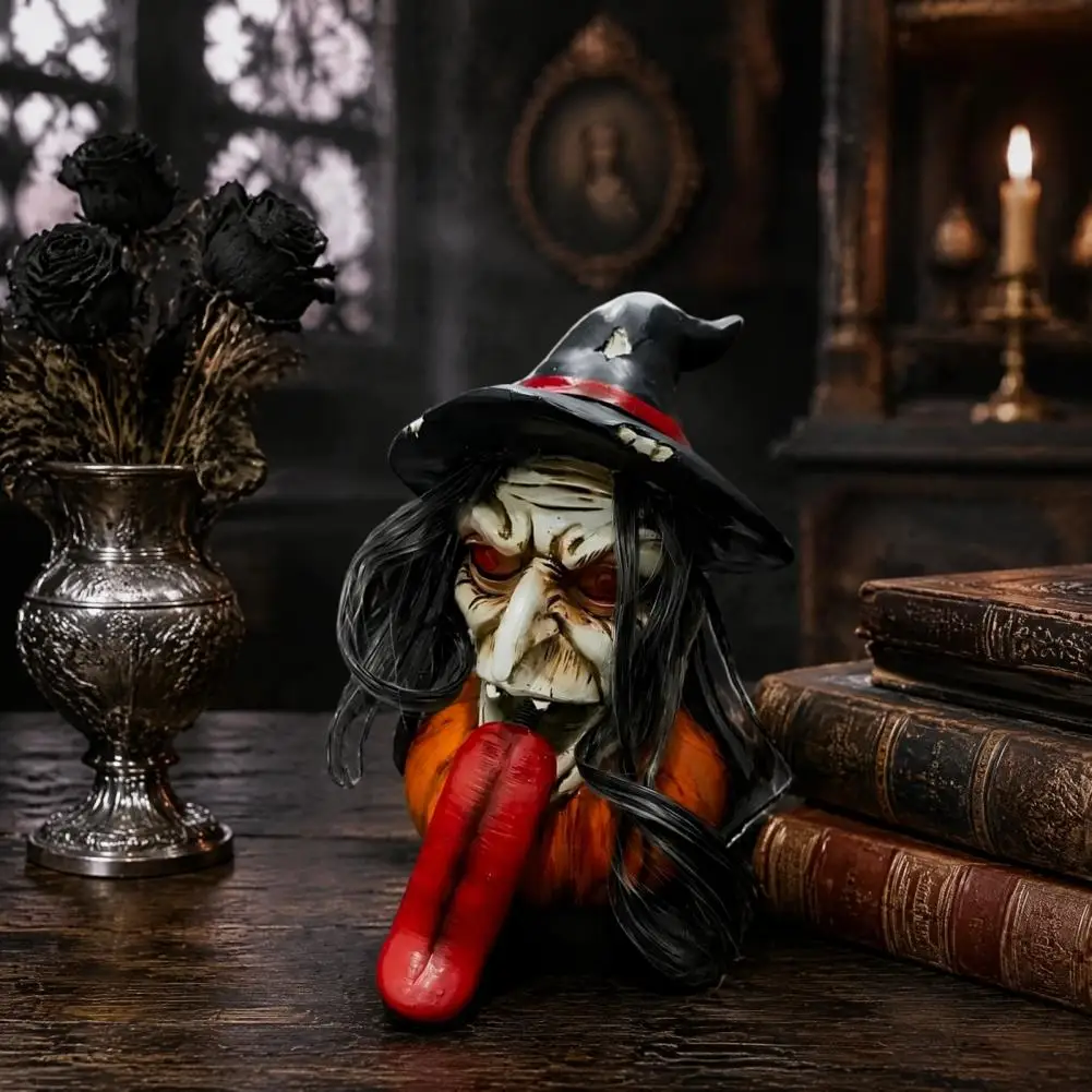 Spooky Tabletop Decorations Halloween Witch Figurine Halloween Long Tongue Witch Pumpkin Ornament Spooky Resin for Shelf