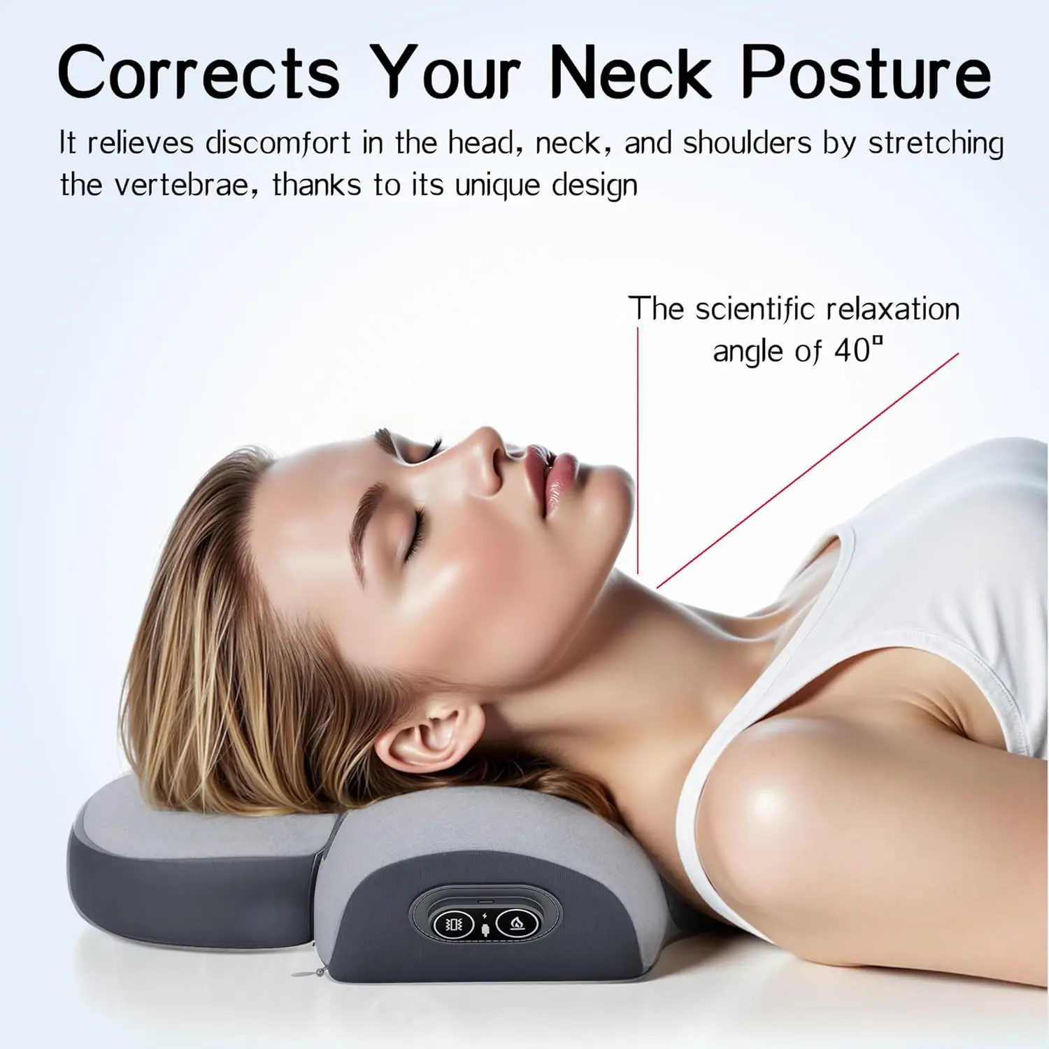 Almofada massageadora de pescoço 3 em 1 com suporte térmico e cervical, corretor de corcunda de espuma viscoelástica (cinza)