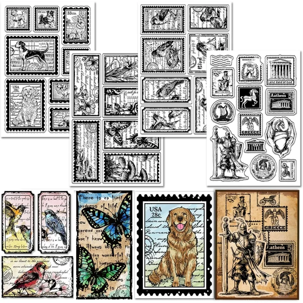 4 Blatt transparenter Vintage-Versandstempel für Scrapbooking, Hund, Vogel, Text, Hintergrund, Silikonstempel, Blumen, Gebäude, transparenter Stempel
