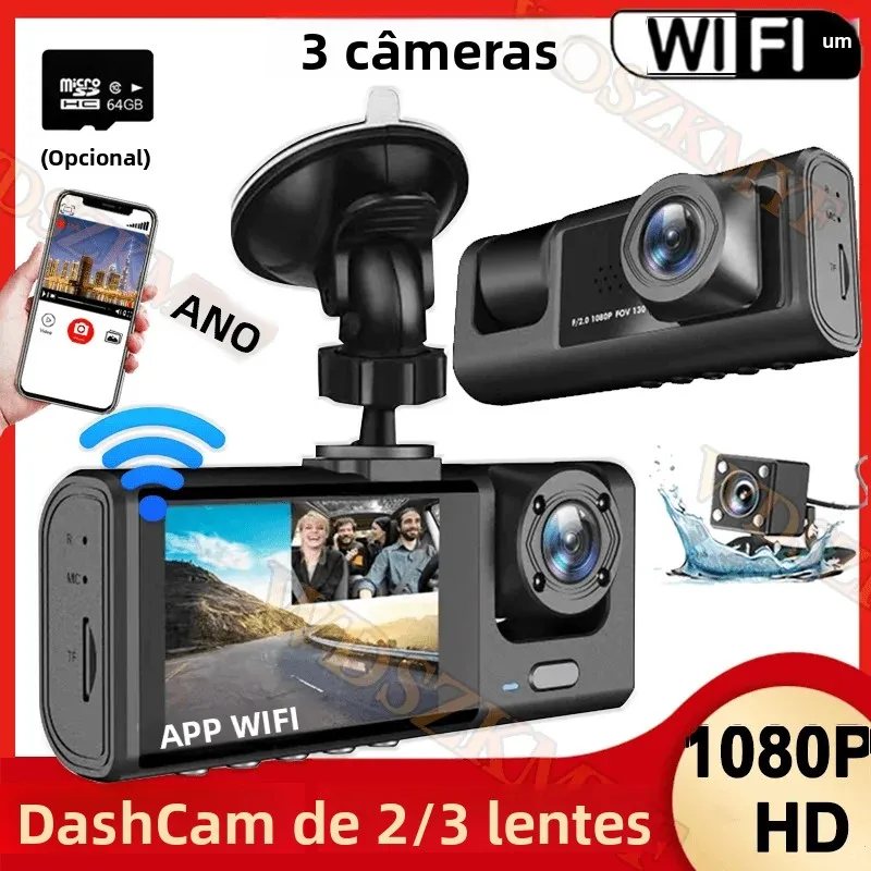 Câmera Veicular 2/3 Canais WIFI/SEM WIFI, DVR de Cabine 1080P, Gravador de Vídeo para Veículos com Três Canais