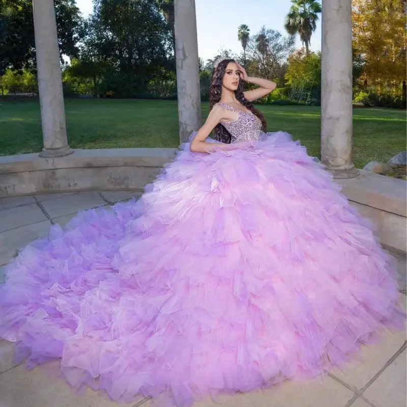 

Customized Lilac Quinceanera Dress Ball Gown Ruffles Tull Beaded Crystal Tiered Sweet 16 Vestido De 15 Anos