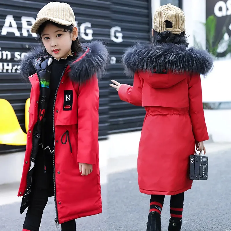 5-16 Years Children Girl Down Jacket Winter Thick Warm Long Coat Raccoon Fur Hooded Kids Outerwear Clothes Two Sides Can Wear