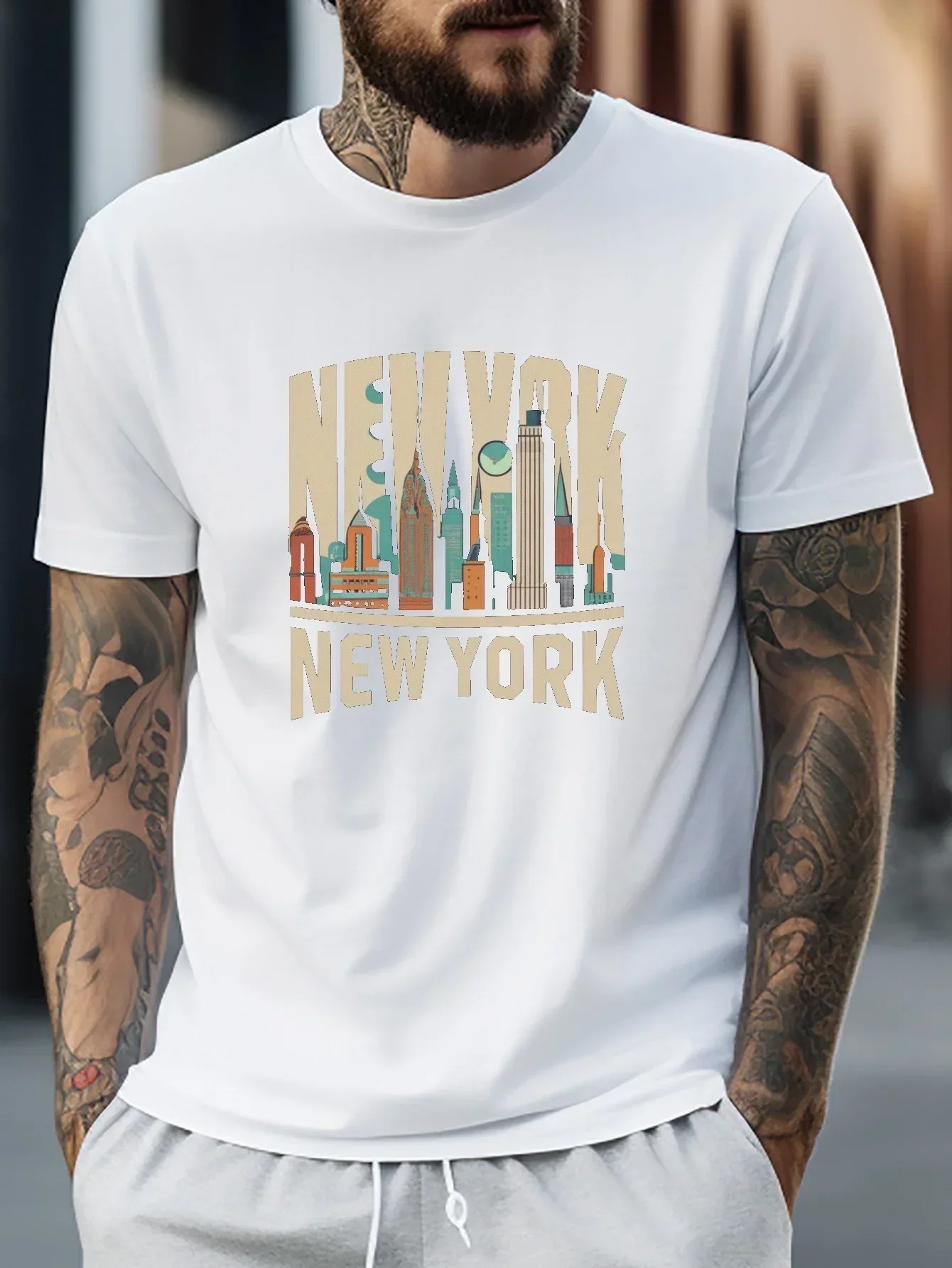 2024Fashion Casual New York Print Men's Casual 100% Cotton Short Sleeve Spring Summer Outdoor Bros. Top T-Shirt