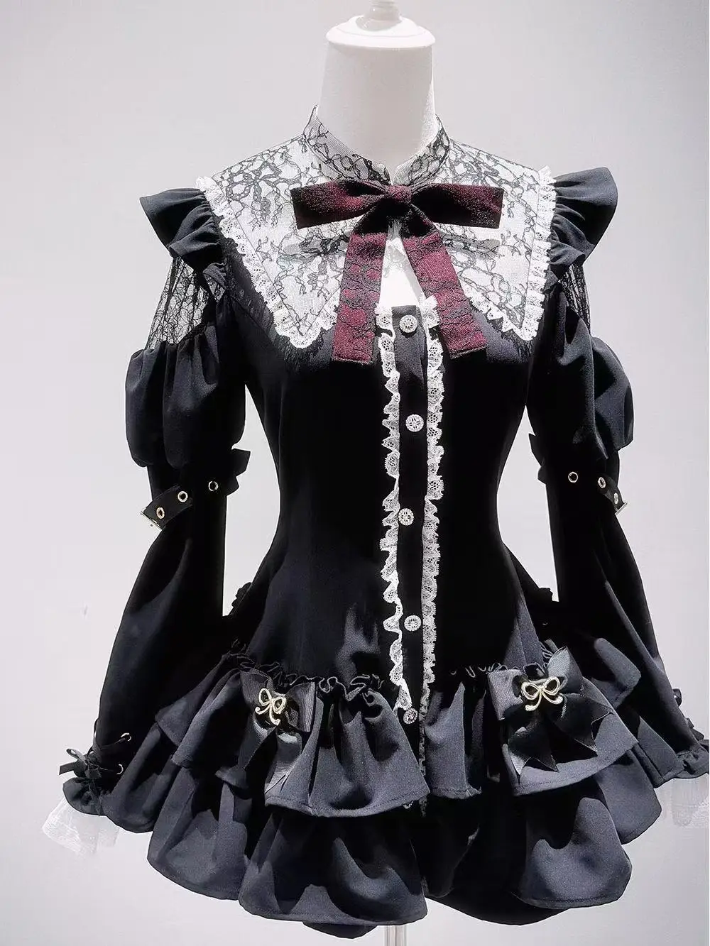 Japanese Gothic Dark Lolita 2-piece Sweet Cool Lace Bow Dress Multi-layer Skirt Vintage Victorian Cosplay Halloween Party Outfit