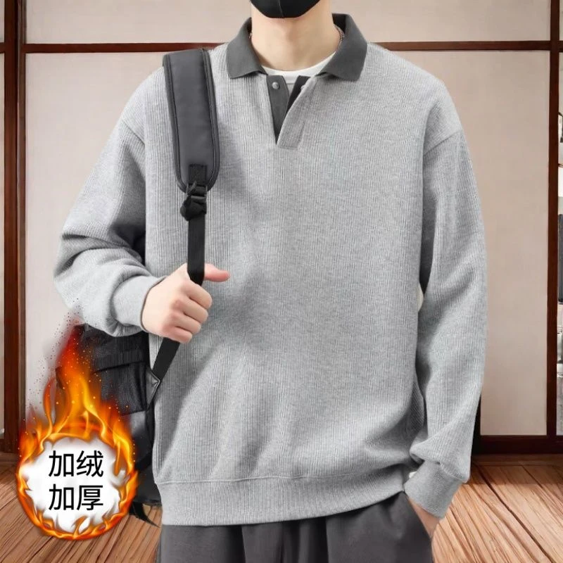 

Men's Trendy American Vintage Simple Casual Fleece Sweatshirt Autumn Winter Youth Polo Collar Long Sleeve Loose Pullover Hoodies