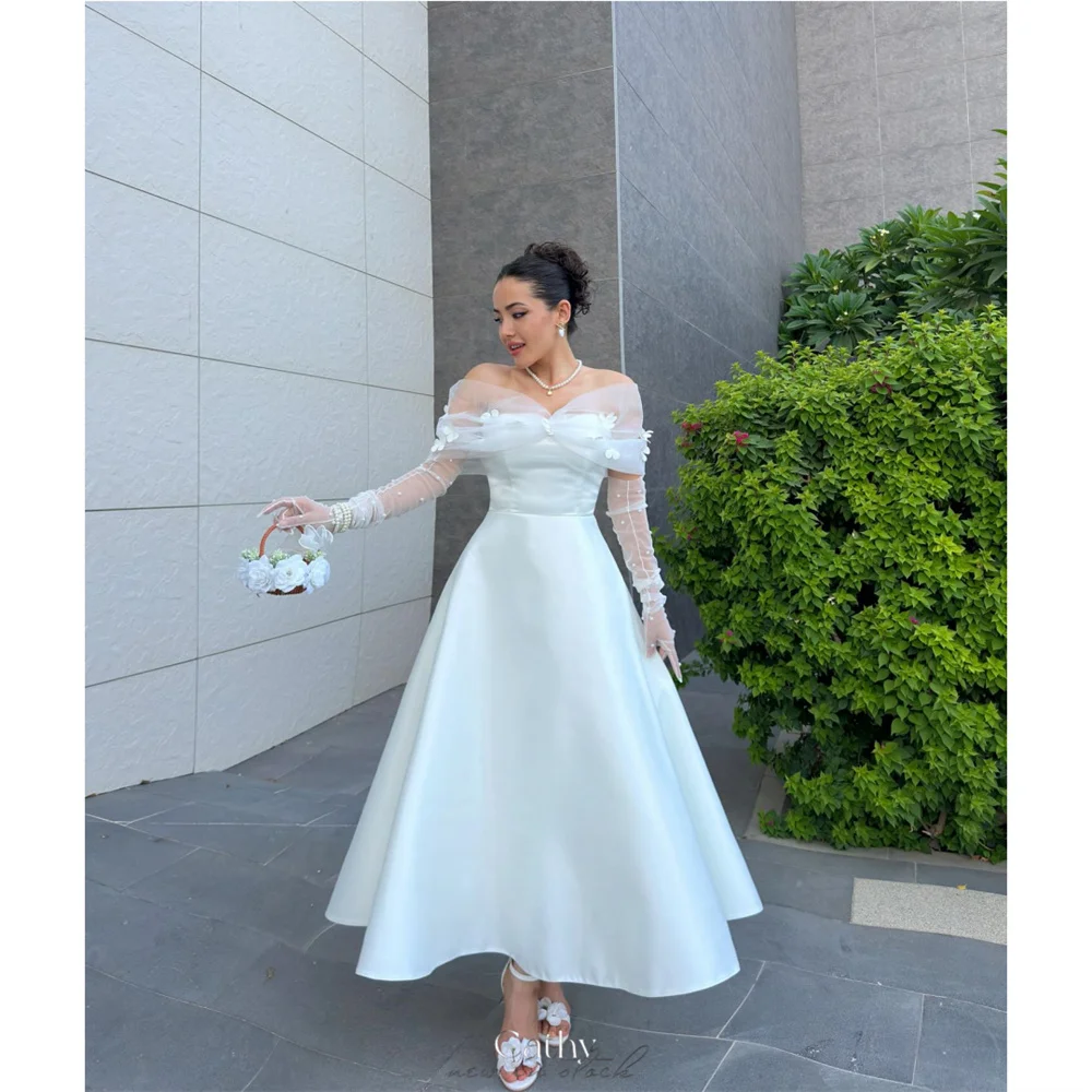 Cathy personnalisé blanc détachable arc épaule manches robe de bal a-ligne robes de noiva cheville longueur robes de soirée 2025