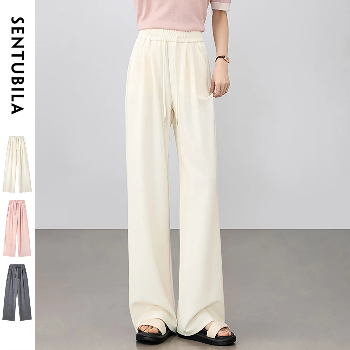 

SENTUBILA Casual Pants Elastic Waist Beige Loose Fit Comfort Ladies Trousers 2025 Drawstring Knitted Pants Women W52K80163