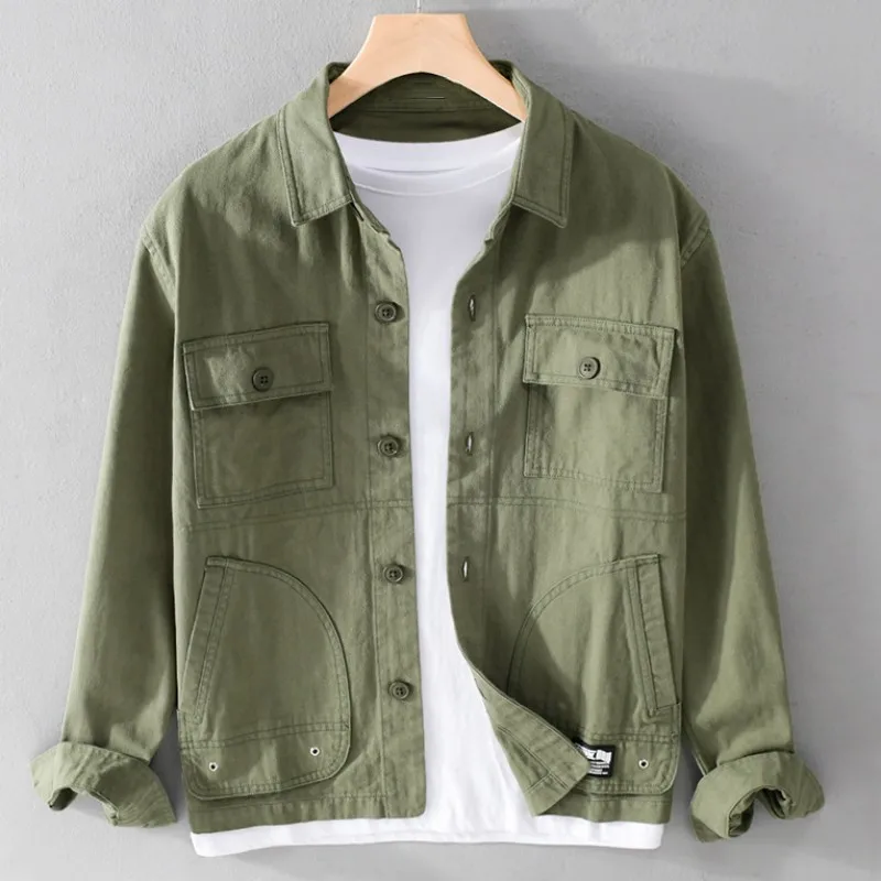 

Spring Summer Breathable Men Military Cotton Cargo Jacket Multi-pocket Long Sleeve Outerwear Vintage Turn down Collar Streetwear