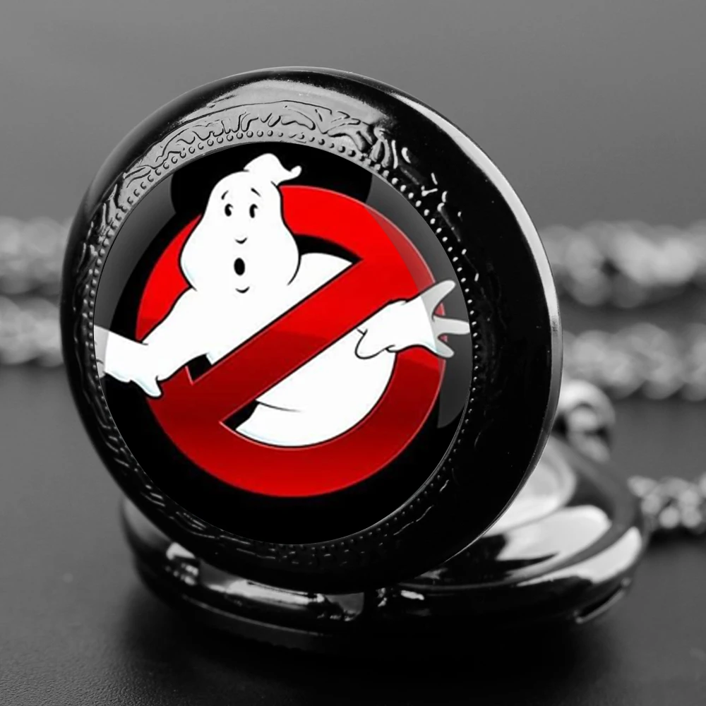 Vintage Creative Ghostbusters Exquisite Pocket Watch Quartz Movement Round Dial Unique Black Necklace Souvenir Gift for Children